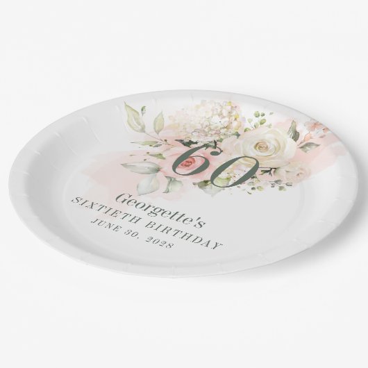 60誕生日ピンクフローラ緑赤面 ペーパープレート (アングル)