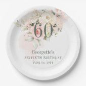 60誕生日ピンクフローラ緑赤面 ペーパープレート (正面)
