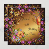 60誕生日ピンクフローラ蝶金ゴールドブラック2 招待状 (正面/裏面)