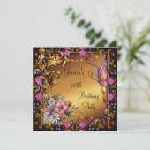 60誕生日ピンクフローラ蝶金ゴールドブラック 招待状 (スタンド正面)