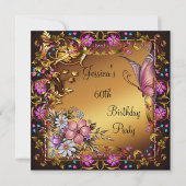 60誕生日ピンクフローラ蝶金ゴールドブラック 招待状 (正面)