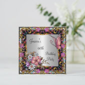 60誕生日ピンクフローラ蝶金ゴールド銀 招待状 (スタンド正面)