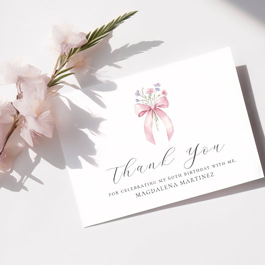 60誕生日ピンクボウワイルドフラワーカスタムフラット サンキューカード