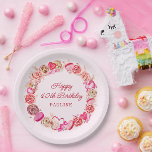 60誕生日ピンクローズ渦巻形のハート ペーパープレート