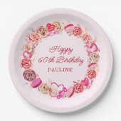 60誕生日ピンクローズ渦巻形のハート ペーパープレート (正面)