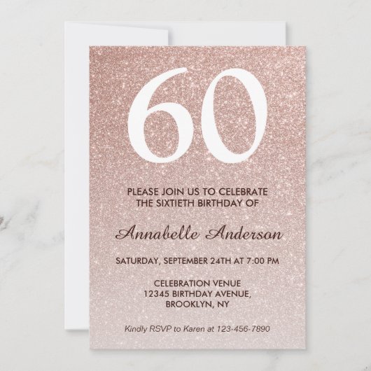 60誕生日ピンクローズ金ゴールドグリッタースパークルグラデーション 招待状 (正面)