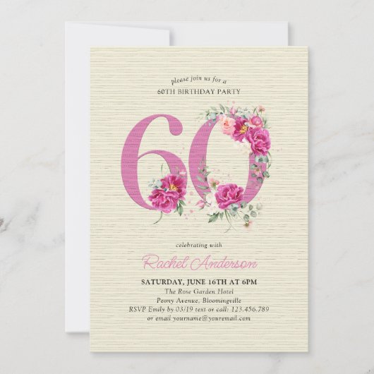 60誕生日ピンク牡丹フローラ番号60 招待状 (正面)