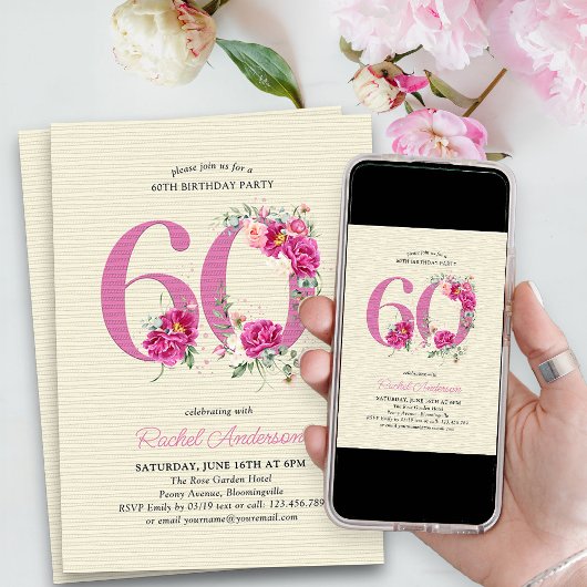 60誕生日ピンク牡丹フローラ番号60 招待状