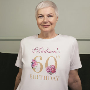 60誕生日ピンク牡丹金ゴールドグリッターカスタム Tシャツ