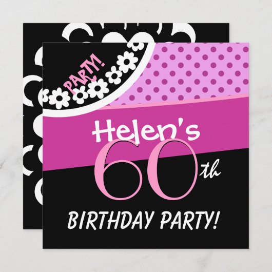 60誕生日ピンク白黒水玉模様W316C 招待状 (正面/裏面)