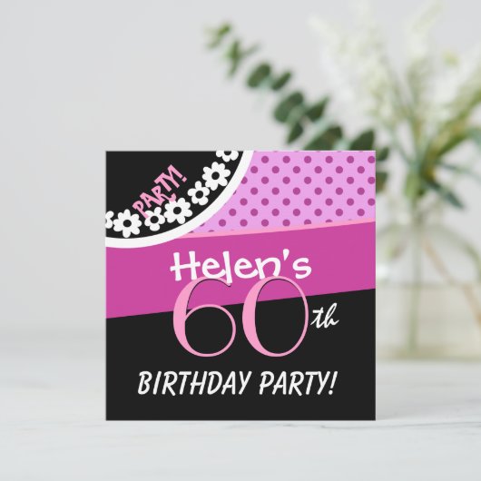 60誕生日ピンク白黒水玉模様W316C 招待状 (スタンド正面)