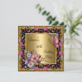 60誕生日ピンク華美フローラ蝶金ゴールド 招待状 (スタンド正面)