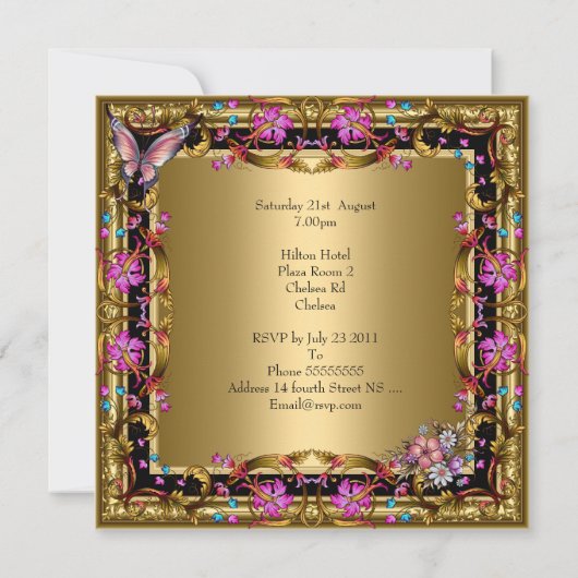 60誕生日ピンク華美フローラ蝶金ゴールド 招待状 (裏面)