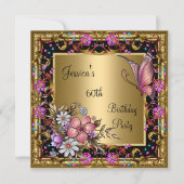 60誕生日ピンク華美フローラ蝶金ゴールド 招待状 (正面)