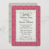 60誕生日フェイク金ゴールドグリッターダマスクパターン 招待状 (正面/裏面)