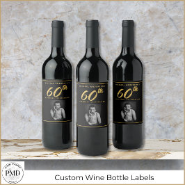 60誕生日フォトエレガントブラック金ゴールドワインラベル ワインラベル