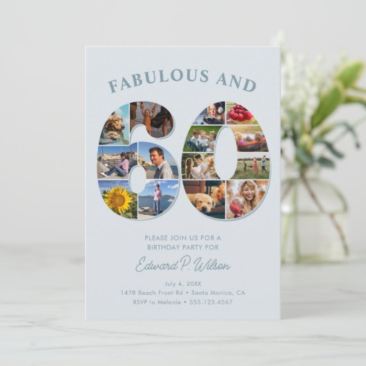 60誕生日フォトコラージュエレガントとタイムレス 招待状 (スタンド正面)