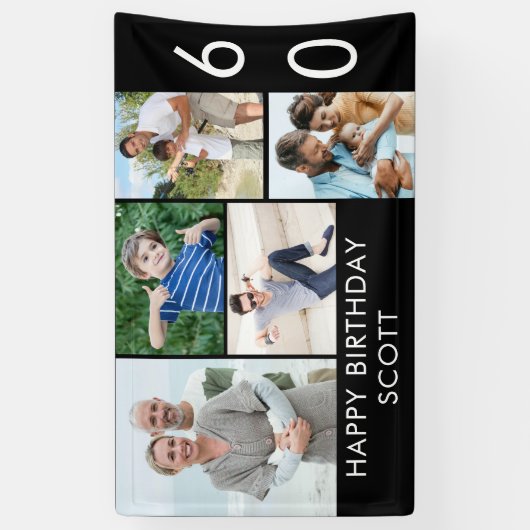 60誕生日フォトコラージュ5写真白黒 横断幕 (縦)