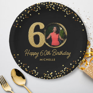 60誕生日フォトフォトシックブラック金ゴールドグリッターカスタム ペーパープレート