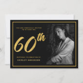 60誕生日フォトブラックフェイク金ゴールドリーフエレガント 招待状 (正面)