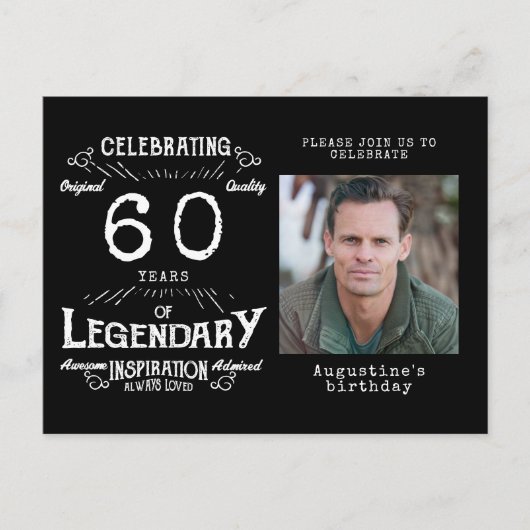 60誕生日フォトブラックヴィンテージ誕生日招待状 ポストカード (正面)