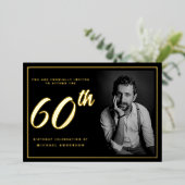 60誕生日フォトブラック金ゴールド 箔招待状 (立ち正面)