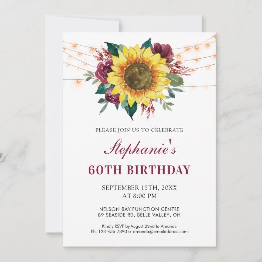 60誕生日フローラひまわり糸ライトパーティー 招待状 (正面)