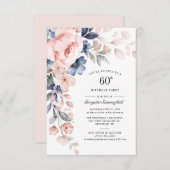 60誕生日フローラダスティブルーピンク 招待状 (正面/裏面)