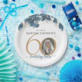 60誕生日フローラブルー金ゴールドシックなカスタム写真 ペーパープレート (パーティー)