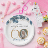60誕生日フローラブルー金ゴールドシックなカスタム写真 ペーパープレート (パーティー)