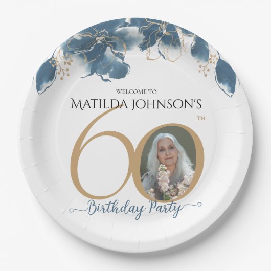 60誕生日フローラブルー金ゴールドシックなカスタム写真 ペーパープレート (正面)
