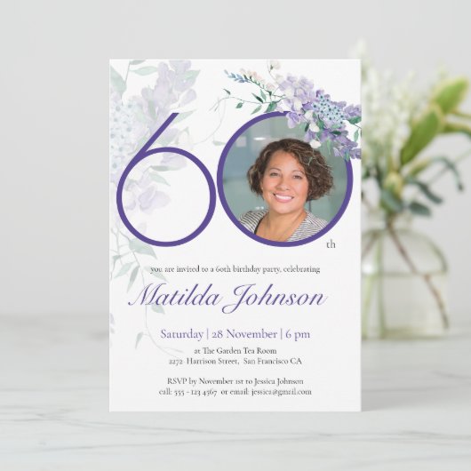 60誕生日フローラ藤パープルエレガント写真 招待状 (スタンド正面)