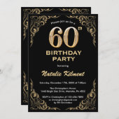 60誕生日ブラックおよび金ゴールドグリッターフレーム 招待状 (正面/裏面)
