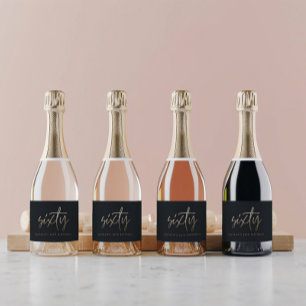 60誕生日ブラックおよび金ゴールドスクリプモダント スパークリングワインラベル