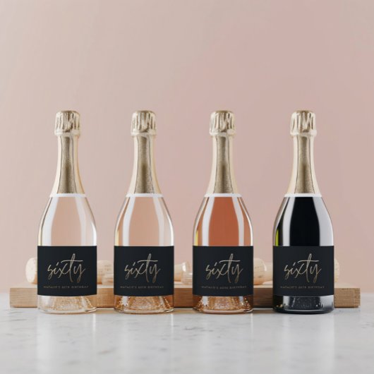 60誕生日ブラックおよび金ゴールドスクリプモダント スパークリングワインラベル