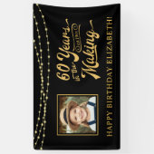 60誕生日ブラックと金ゴールドストリングライト写真 横断幕 (縦)