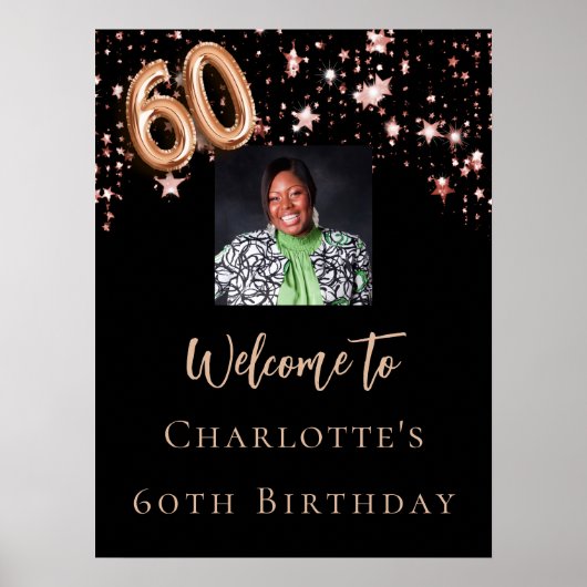 60誕生日ブラックバラ金ゴールドフォトスターウェルカム ポスター (正面)