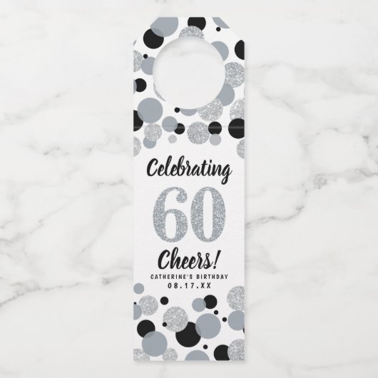 60誕生日ブラックピンクグレーグリッター紙吹雪 ボトルネックタグ (正面)
