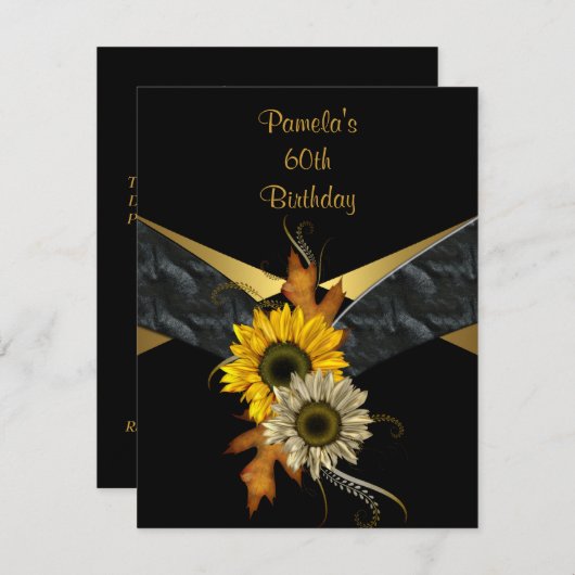 60誕生日ブラック金ゴールドイエローサンフラワー 招待状 (正面/裏面)