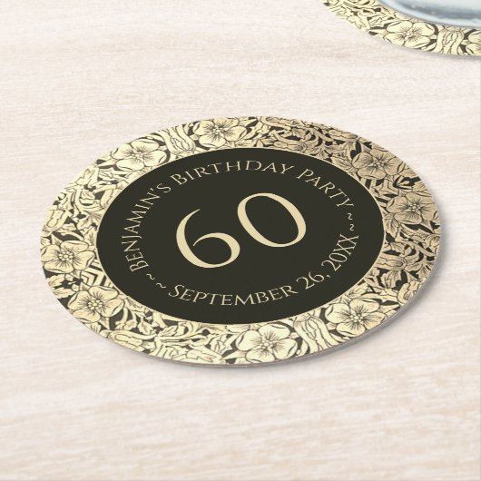 60誕生日ブラック金ゴールドエレガントヴィンテージ花 ラウンドペーパーコースター (アングル)