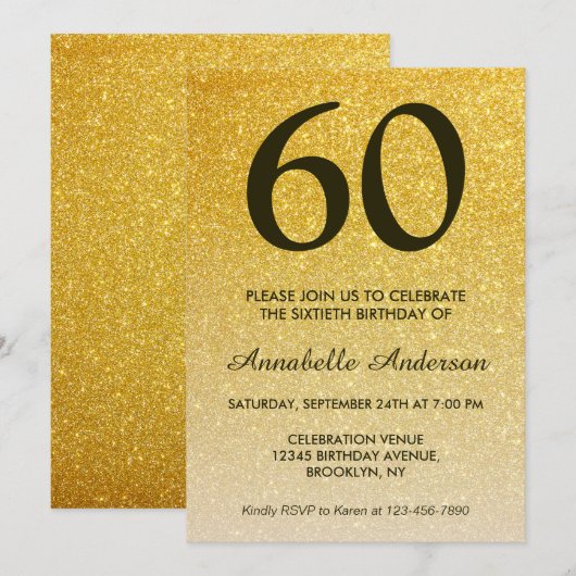 60誕生日ブラック金ゴールドグリッタースパークルグラデーション 招待状 (正面/裏面)