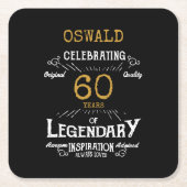60誕生日ブラック金ゴールドレジェンダリーレトロ スクエアペーパーコースター (正面)
