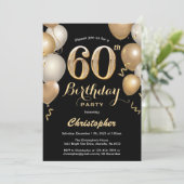 60誕生日ブラック&金ゴールドバルーン紙吹雪 招待状 (スタンド正面)