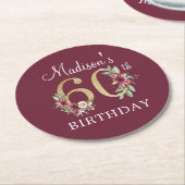 60誕生日ブルゴーニュ金ゴールドルパーソナライズされたラウンド ラウンドペーパーコースター (アングル)