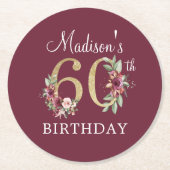 60誕生日ブルゴーニュ金ゴールドルパーソナライズされたラウンド ラウンドペーパーコースター (正面)