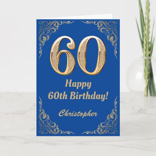 60誕生日ブルーと金ゴールドグリッターフレーム カード (正面)