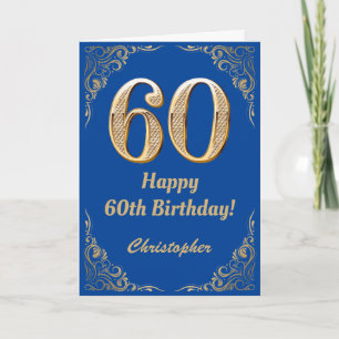 60誕生日ブルーと金ゴールドグリッターフレーム カード