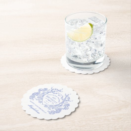 60誕生日ブルーフランスのフローラクレストカスタム ペーパーコースター (インサイチュ)