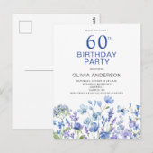 60誕生日ブルーフローラ招待状 ポストカード (正面/裏面)
