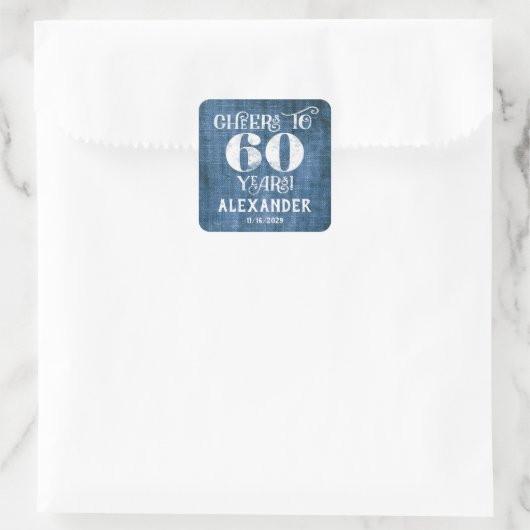 60誕生日ブルーリネンありがとうスティッカー スクエアシール (バッグ)